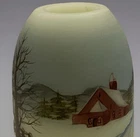 Uranium Custard Fairy Lamp Winter Scene Barn with Trees Handpainted Fenton