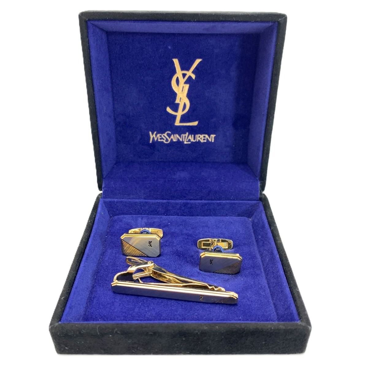 Yves Saint Laurent Shell Cufflinks Tie Clip 5055 Combination Stainless Steel Wit
