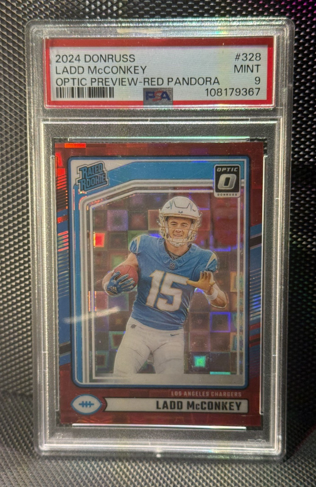 Ladd McConkey 2024 Panini Donruss Rated Rookie #328 Optic Preview Red Pandora