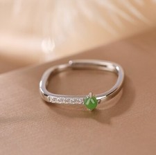 Pure S925 Sterling Silver Green Jade Jadeite Women Lucky Bead Ring