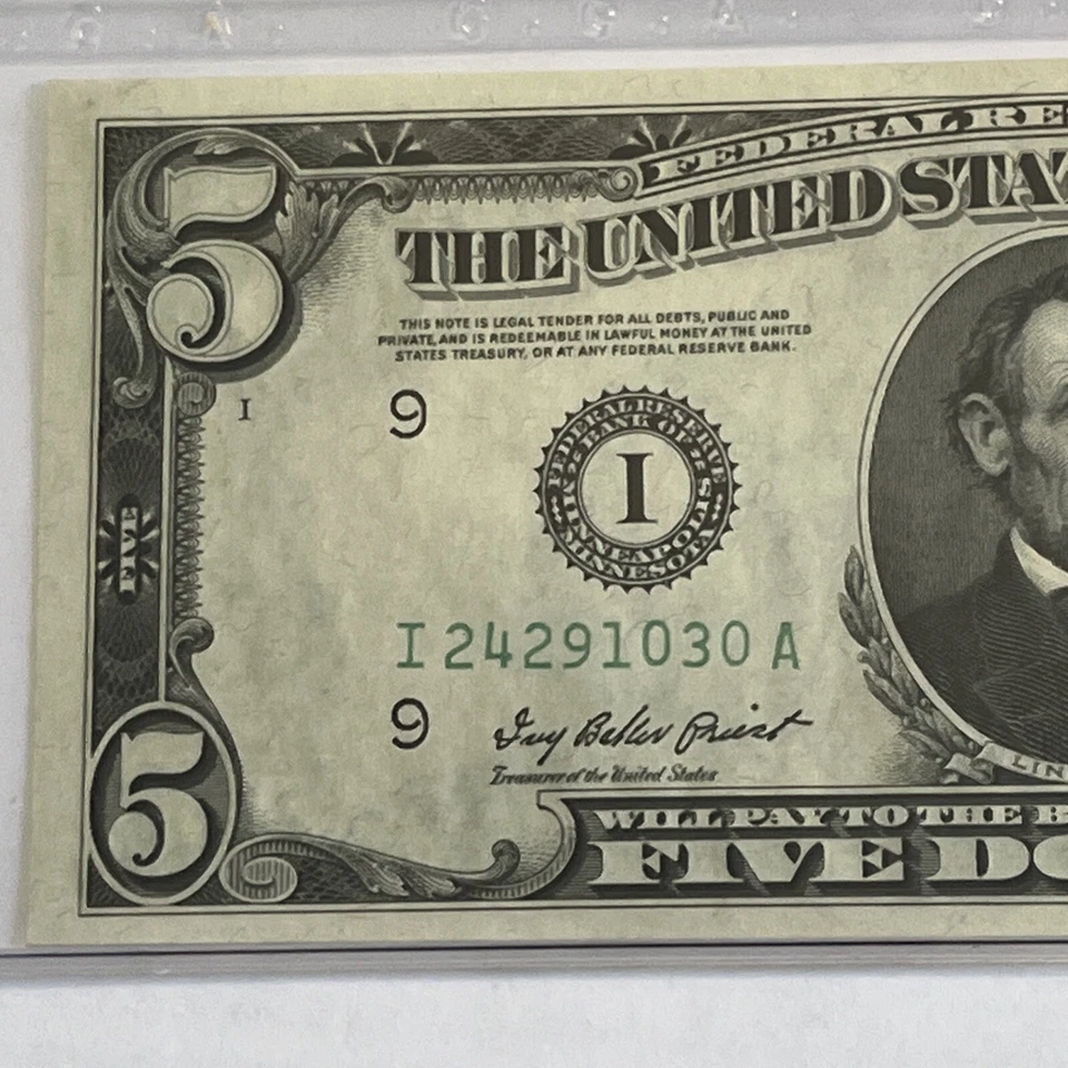 1950 B $5. GEM UNCIRCULATED. PRIEST/ANDERSON. FEDERAL RESERVE NOTE. MINNEAPOLIS - Image 2 of 4