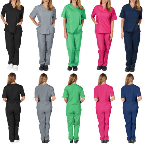 2Pcs Unisex Medical Doctor Nursing Scrub Set Top Long Pants Hospital Uniform UK - Picture 1 of 63