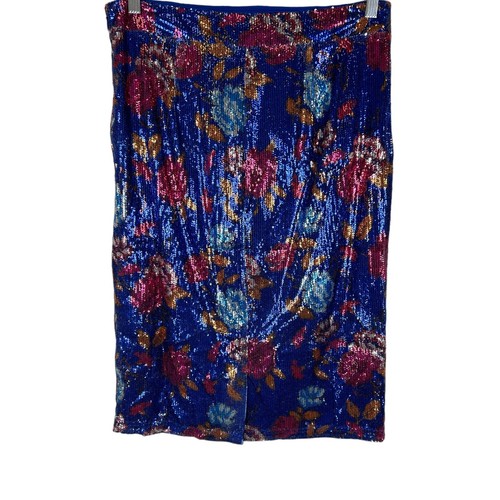 G.I.L.I. Floral Printed Sequin Midi Length Pencil Skirt Cobalt Floral Size 6 - Picture 2 of 2