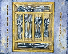 Original Oil Painting Still Life Cutlery Crockery Silverware Dinnerware Handmade