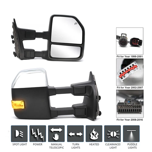 Towing Mirrors For 1999-2016 Ford F250 F350 F450 Super Duty Power Heated Chrome