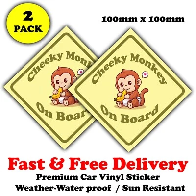 Baby On Board Car Window Bumper Sticker Sign Decal - CHEEKY MONKEY ON BOARD -2X