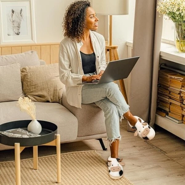 Zapatillas de vaca para mujer y hombre mullidas lindas acogedoras pantuflas de algodón de vaca de dibujos animados Foto 4 de 4