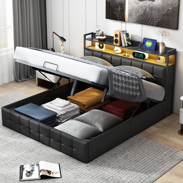 Polsterbett Doppelbett 160X200Cm Mitled&Usb Hydraulisch Stauraumbett Bettgestell-image