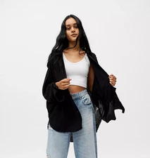 BDG Dougie Rayon Button Up Shirt Small - Black Oversized Fringe Hem Long Sleeve