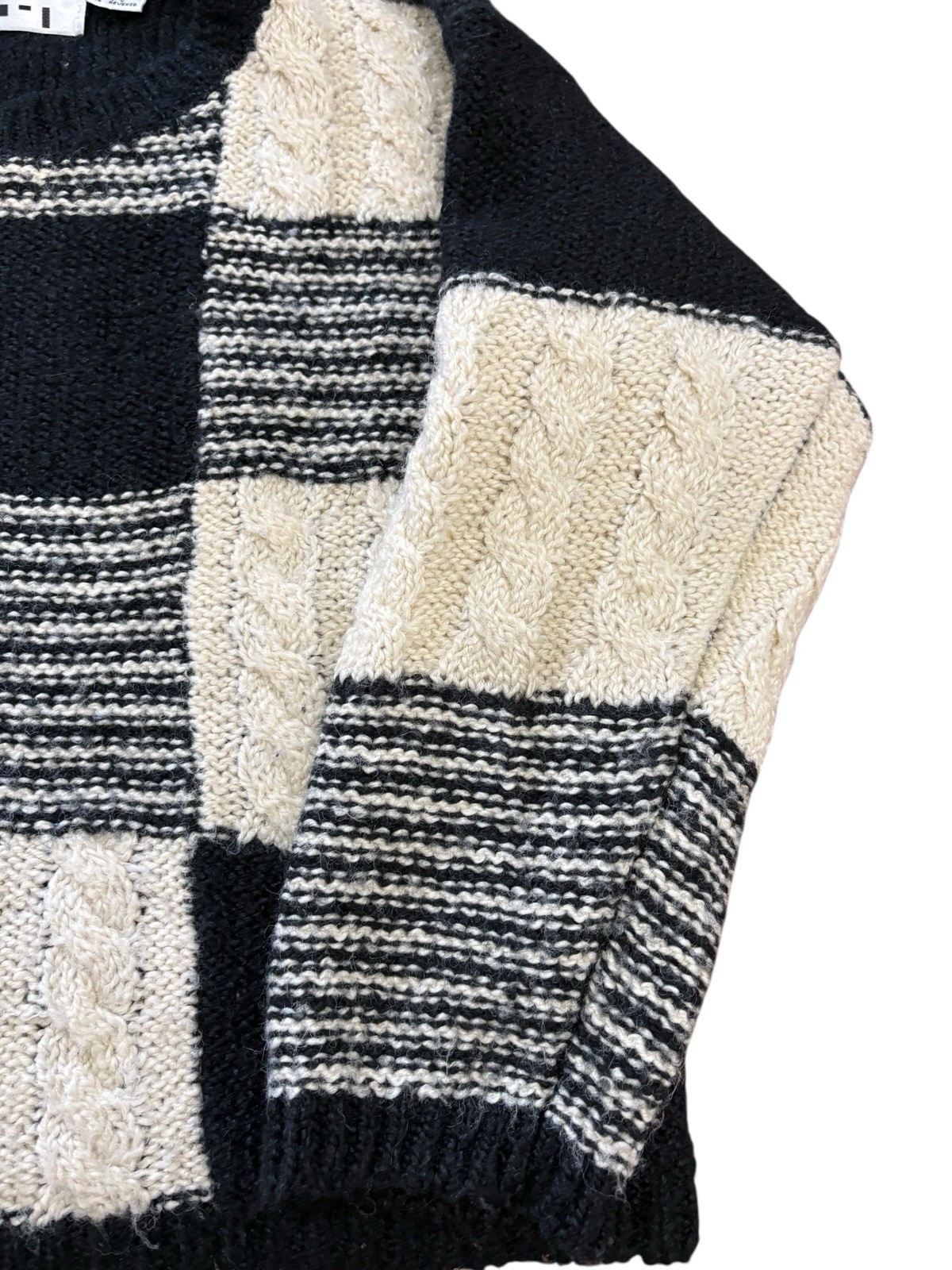 Vtg 80s Patchwork Cable Knit Sweater Pullover Bla… - image 3