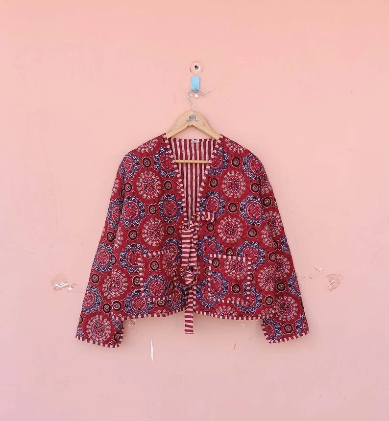 Indian Red Floral Cotton Quilted Unisex Jacket Women's Clothing Jacket US