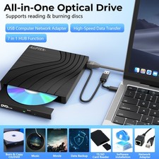 AGPTEK 7 in 1 External CD/DVD Drive for Laptop Portable with Network Adapter USB