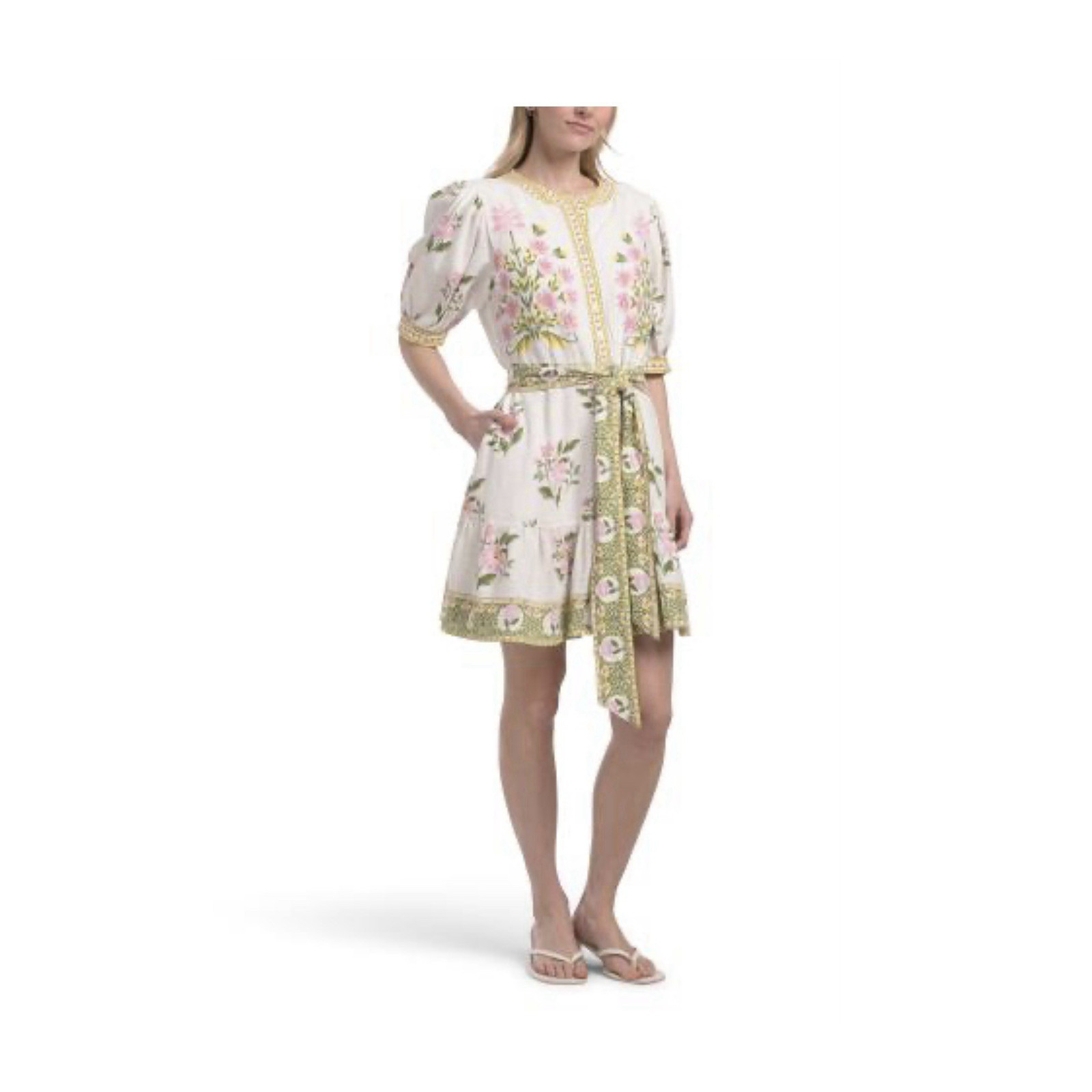 Calypso St. Barth White Green Pink Floral Short Dress 3/4 Puff Sleeve Belted M
