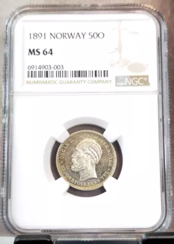 1891 NORWAY SILVER 50 ORE KING OSCAR II NGC MS 64 EXTREMELY RARE BU