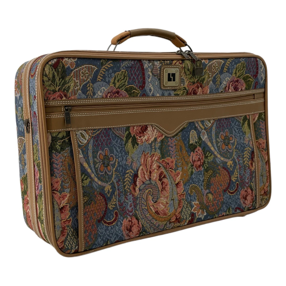 Vintage 80s Leisure Luggage Tapestry Navy Floral Carry On Suitcase Bag Tan  Trim