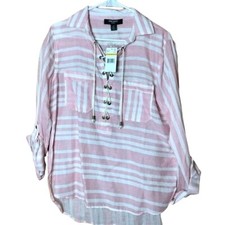 Nine West Jeans Luna Striped Lace-Up Casual Shirt Top Confetti Pink Size Small N