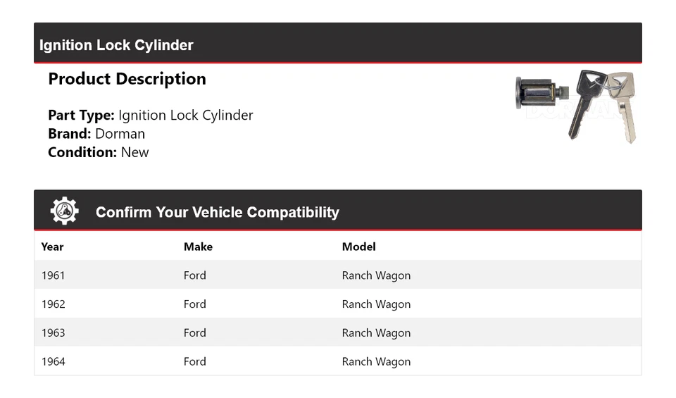 Цилиндр замка зажигания для Ford Ranch Wagon Dorman 1961-1964 годов выпуска 1962 1963 - Изображение 2 из 4