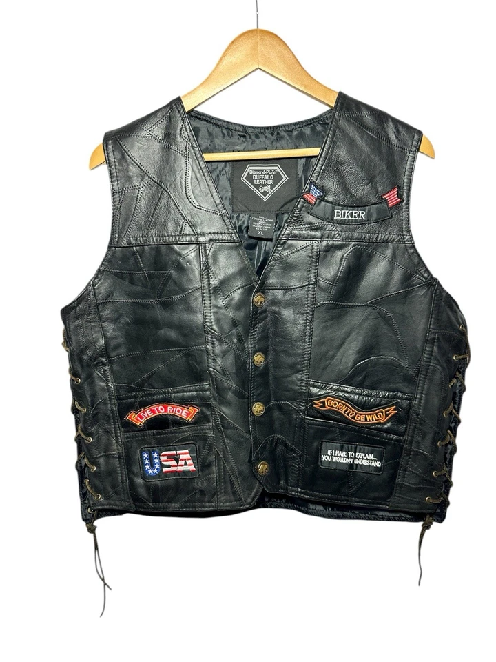 Biker Vest Mens XL Buffalo Leather Diamond Plate Live to Ride Motorcycle Patches - Изображение 2 из 4