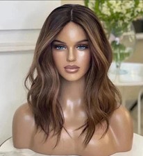 Human Hair New Fashion Layered Long Natural Light Brown Wavy Women's Wigs 16in