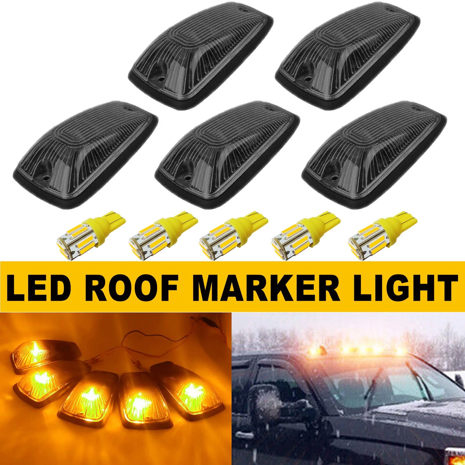 5pcs Smoke Cab Roof Marker Light + Amber LED For 88-02 Chevy GMC C/K 1500-3500