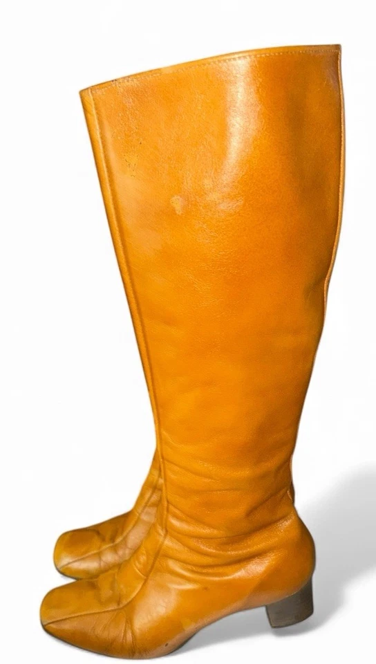 Botas altas vintage Selby Geneva de cuero coñac tacón apilado cremallera años 70 retro 6,5 M Foto 4 de 4