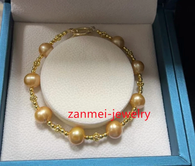 Настоящий натуральный 9-8 мм круглый подлинный золотой южного моря жемчуг браслет 14K золото P 7,5-8» - Изображение 3 из 4