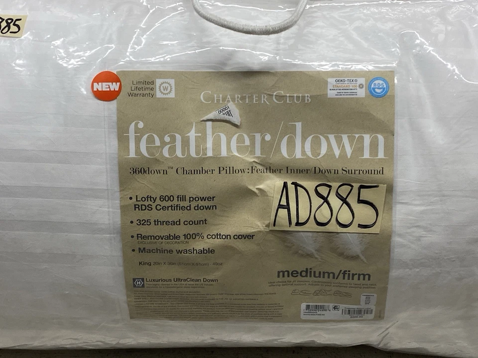 Charter Club 360 Chamber Feather Down (1) King Pillow Medium / Firm Density New - Image 2 of 4