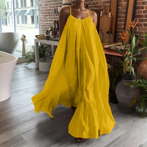 Sommer Damen Träger Rüschen Baumwolle Urlaub Freizeit Party Locker Lang Strandkleid - Bild 9 von 35