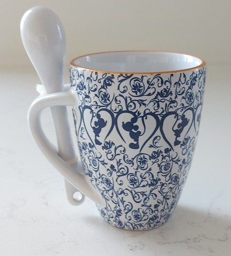 Disney Parks Original Mug Spoon Set Indigo Kissing Mickey & Minnie Mouse Hearts