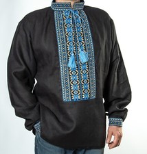 VYSHYVANKA for men Black blue yellow Ukraine hand cross Embroidery Linen SHIRT