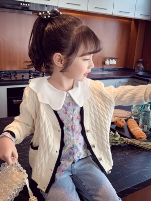 Girls Cardigan Spring Clothes Kid's Ringer Knitted Sweater Long-sleeved Coat
