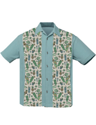 Steady Clothing Hemd Hula Cocktails Teal Blau Vintage Bowling Shirt Retro Tiki 