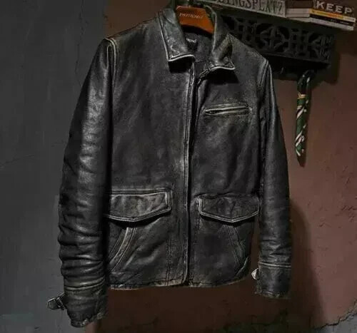Chaqueta de cuero real negra envejecida café racer vintage motociclista para hombre