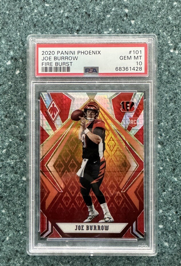 2020 PANINI PHOENIX card #101 JOE BURROW RC FIRE BURST PRIZM ROOKIE SP PSA 10