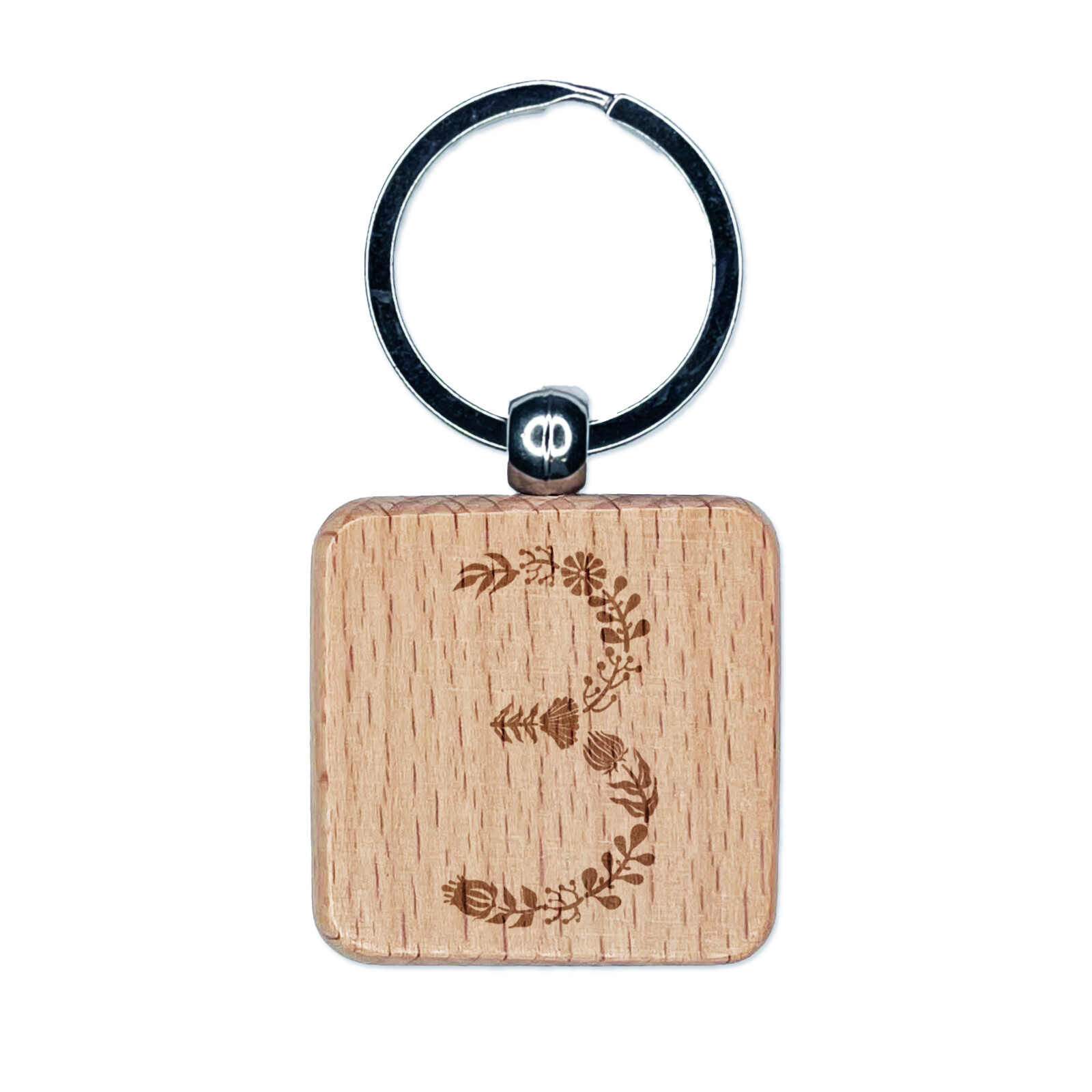 Elegant Botanical Floral Number 3 Engraved Wood Square Keychain Tag Charm