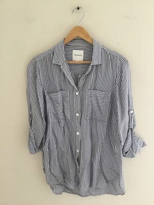 Thread & Supply Blue & White Striped Tab Sleeve Blouse: New w/o Tags! Size Small