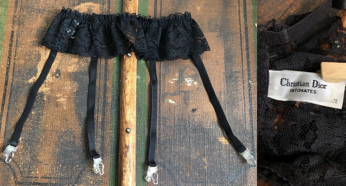 CEINTURE JARRETIÈRE CHRÉTIENNE DIOR VINTAGE POUR BAS NOIR TOUT DENTELLE PARFAIT ÉTAT