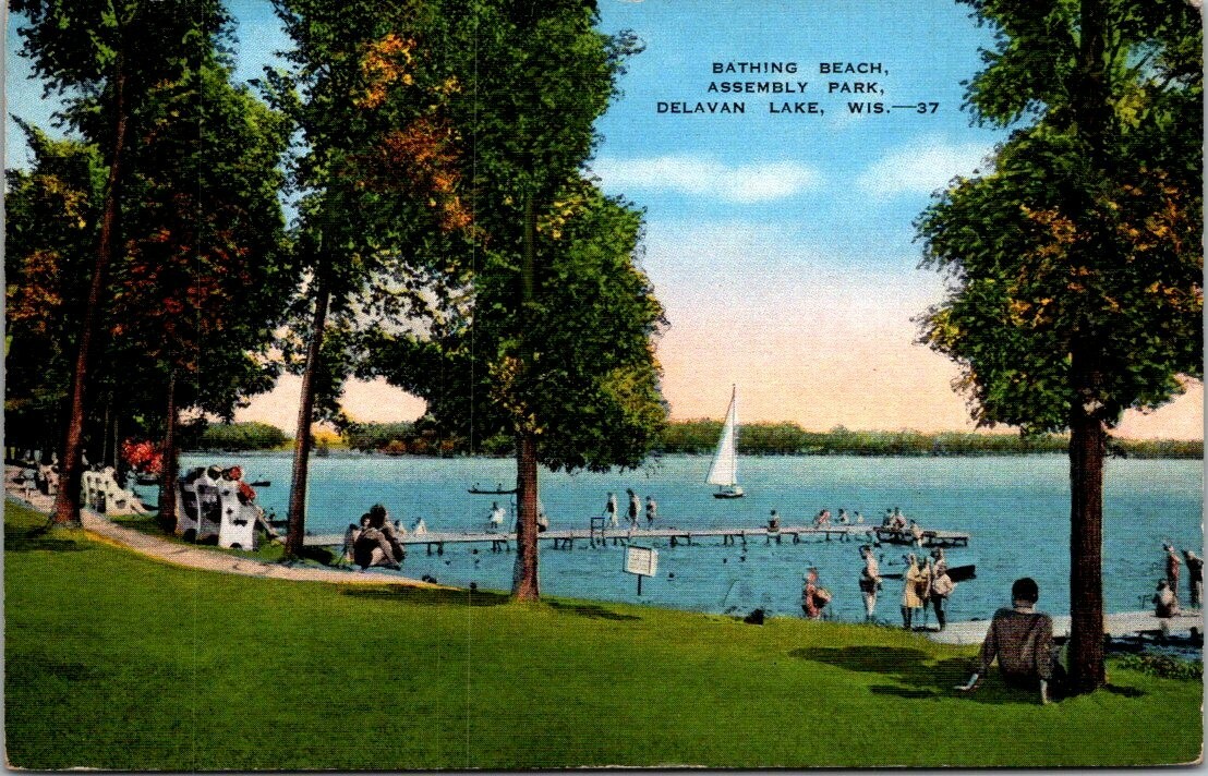 Postcard Bathing Beach Assembly Park Delavan Lake Wis 1944 eBay