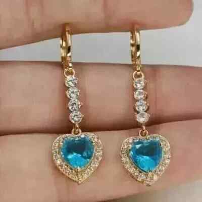 2Ct Heart Cut Lab-Created Blue Topaz Drop Dangle Earrings 14k Yellow Gold Plated