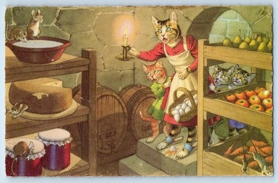 Anthropomorphic Cat Rat Mice Eating Pie Alfred Mainzer Animals Vintage Postcard