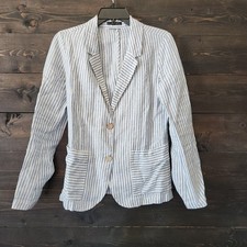 Tahari Women Blue White Striped 100 Linen Blazer Jacket Small Nautical