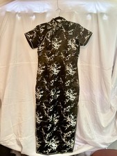 Black Silver Satin Cheong-sam Dress for Women with Floral Design