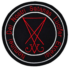 SATANAS LUCIFER EXCELSI WHITE  RED circle border EMBROIDERED PATCH