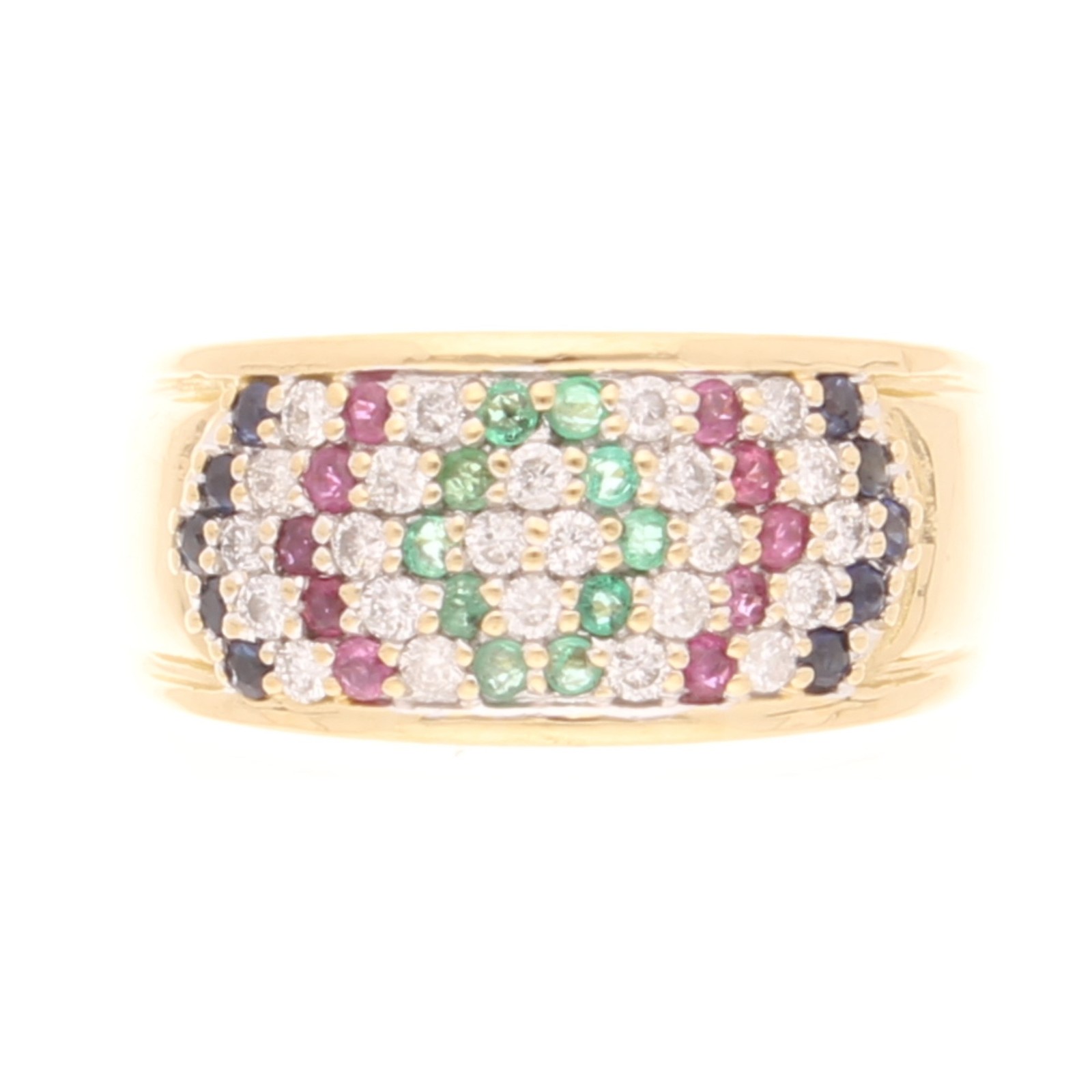 18Carat Yellow Gold Diamond, Ruby, Emerald & Sapphire Cluster Ring (Size L 1/2)