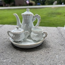 Vintage Miniature Porcelain Tea Set White Embossed Rose Gold Trim 6 Pc W/ Tray