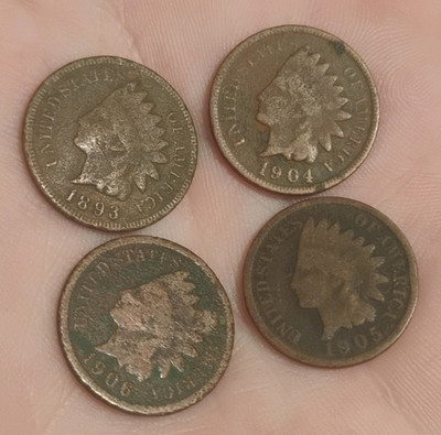 Lot of 4 Indian Head Cents Pennies 1893 1904 1905 1906 Worn Circulated
