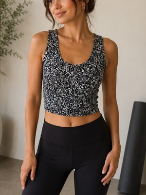 Evolution and Creation Floral Crop Tank Top Women's Medium Black White Racerback