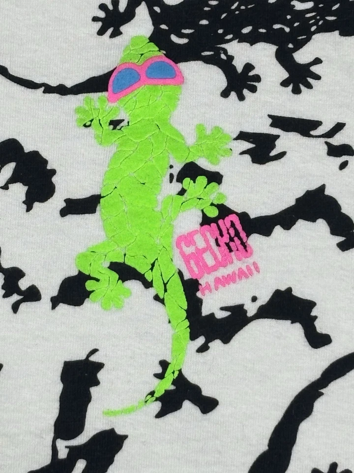 Camiseta GECKO HAWAII Blanca Verde Neón Remolino Surf Años 90 Retro Look Camiseta Talla 2XL Foto 2 de 4
