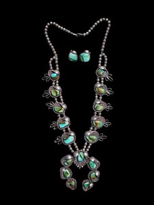 Large Vintage Navajo Sterling & Turquoise Statement Necklace & Earrings Set