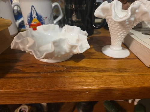 Vintage Fenton Style Hobnail White Milk Glass Dish and Small Vase Ruffled Edges